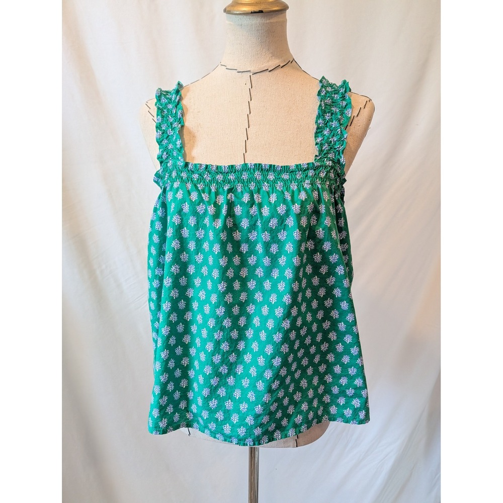 J.Crew Green Block Print Ruffle Strap Smocked Tank Top Womens Large Cotton
